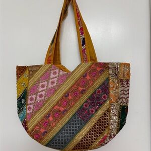 Boho Embroidered Patchwork Tote in Pink, Orange & Gold